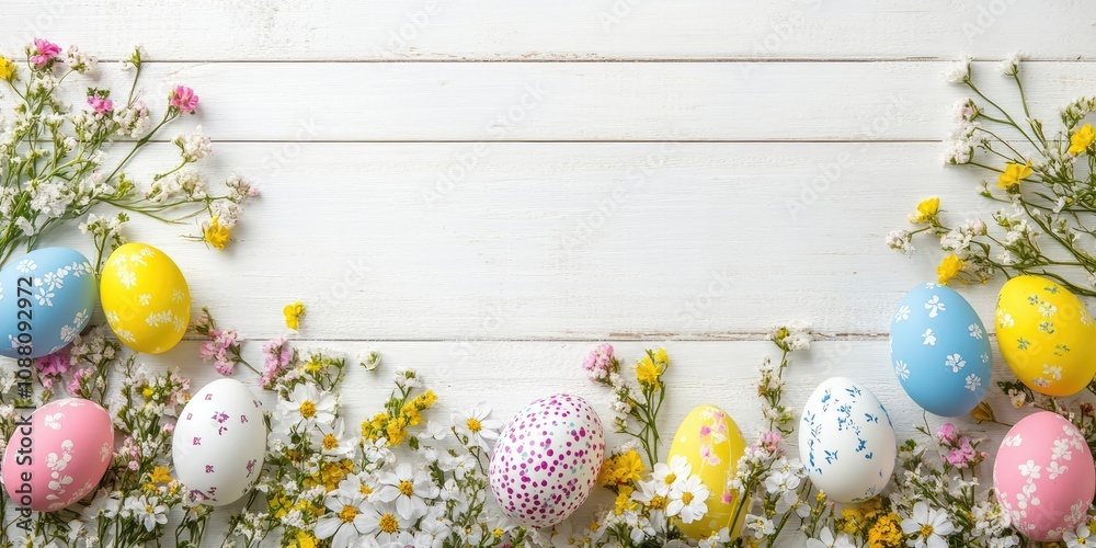 Poster Vibrant Easter eggs and spring blooms. A top view with a side border set against a white wooden backdrop. Copy space.