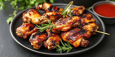 Fototapeta premium grilled or barbecue chicken wings skewered on a plate
