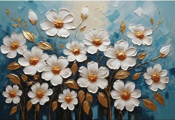 A close-up of a colorful, textured painting of a blooming flower