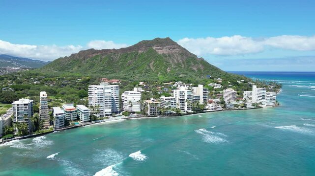 Oceanfront hotels and condos on the Gold Coast with Diamond Head at the edge of Waikiki in Honolulu on Oahu, Hawaii