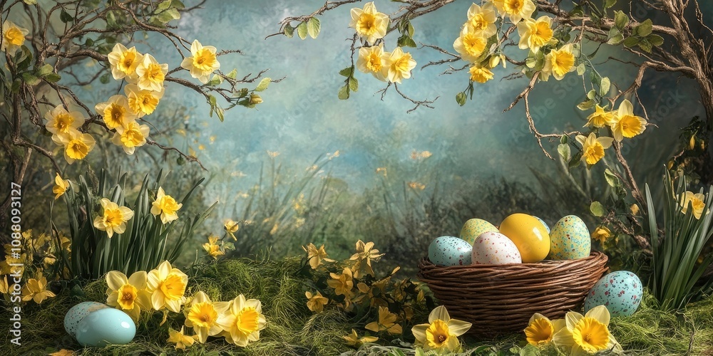 Aufkleber Spring Easter backdrop featuring daffodils and Easter eggs in a basket.