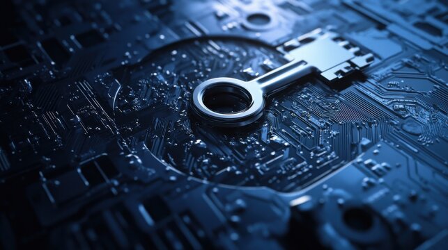 A detailed close-up of a quantum cryptography secure key exchange, demonstrating quantum entanglement for secure communication, Quantum security technology style