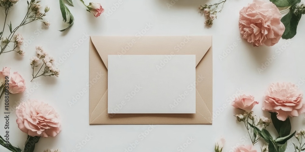 Poster envelope with a blank card and flowers on a light backdrop.