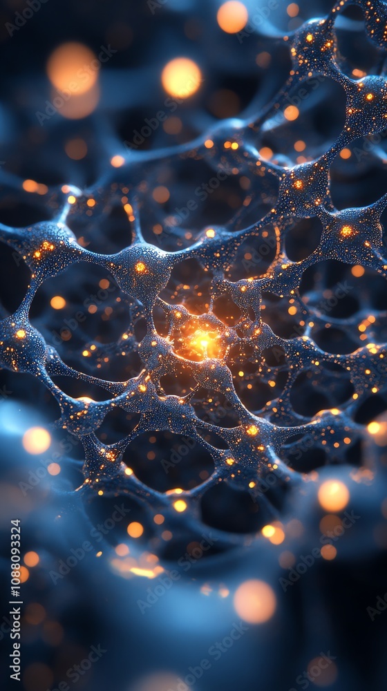 Poster Abstract network of glowing nodes and connections, resembling a neural network or complex system.