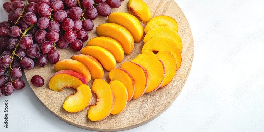 Poster slicing fruit on a round wooden board against a white background. slices of peaches and grapes are a