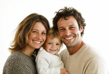 Fototapeta premium Happy family portrait with mother, father, and young child smiling together in a bright, minimalistic setting