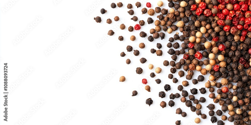 Poster pepper spice texture. viewed from above. set against a white background. pepper on the left, space f