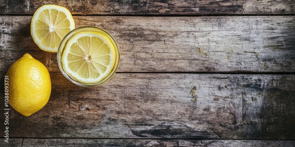 Poster lemon juice or lemonade alongside a yellow lemon slice on a wooden table background. copy space.