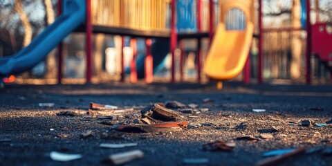 Damaged playground. Background with a selective focus and copyspace for text.