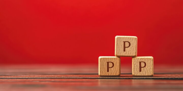 PPP private public partnership symbol. Wooden blocks featuring the letters PPP. Striking red backdrop. Business and PPP theme. Copyspace.