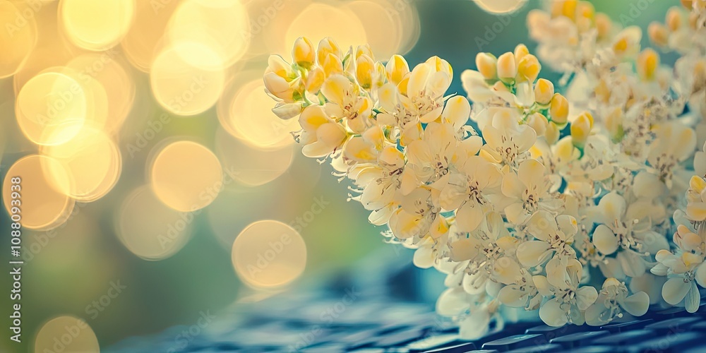 Aufkleber Abstract soft blur and gentle focus of Indian cork flower, Millingtonia hortensis, Bignoniaceae, accompanied by a keyboard and bokeh backdrop.