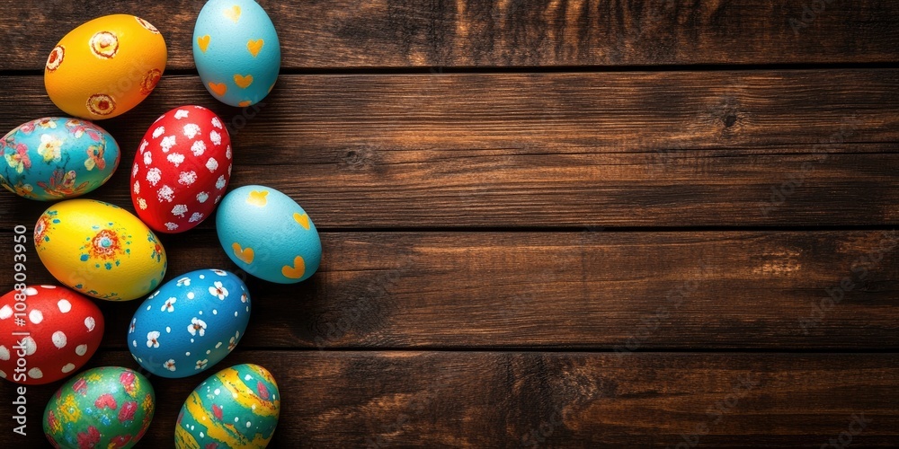 Poster flat lay of colorful easter eggs arranged on a wooden background. easter-themed backdrop or concept.