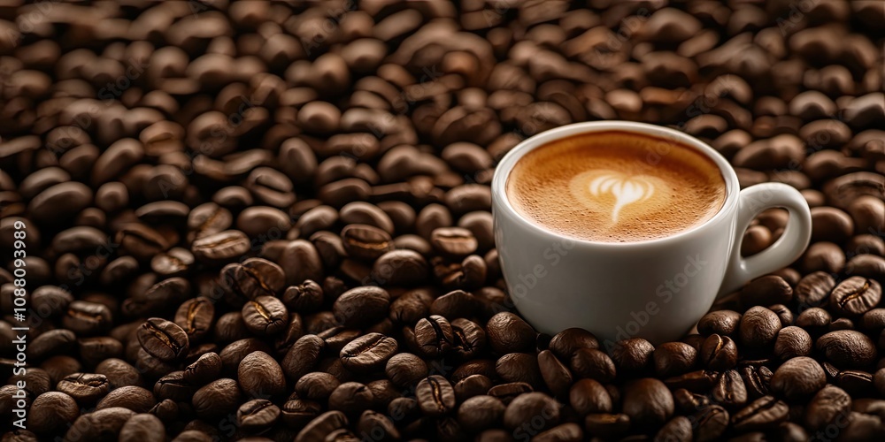 Poster a cup of hot espresso on a mound of roasted coffee beans with available space for design or text.