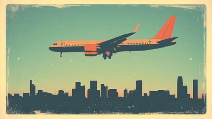 Airplane approaching city skyline at sunset, vintage style.
