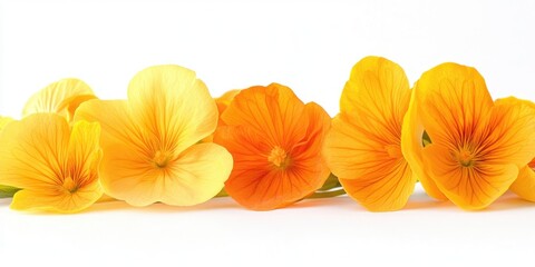 Studio shot of yellow and orange colored nasturtium isolated on a white background. Large depth of field (DOF). Macro. Represents patriotism and conquest.