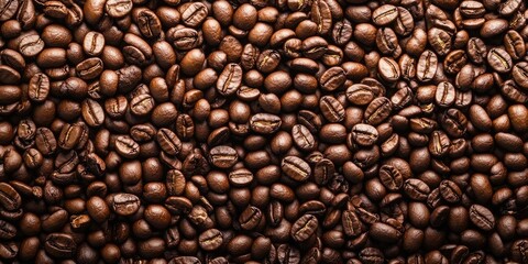Obraz premium Top view of brown roasted coffee beans, usable as a background, with copy space for text.