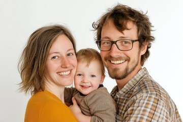 A joyful family portrait of parents and their young child smiling together in a bright, minimalistic setting