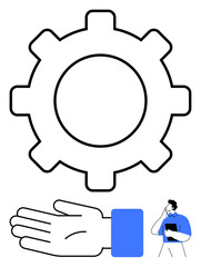 Large gear symbol with open hand and thoughtful person holding clipboard. Ideal for engineering, teamwork, productivity, strategy, brainstorming, business planning, problem solving. Line metaphor