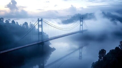 Fototapeta premium Misty sunrise over suspension bridge reflecting on calm water.