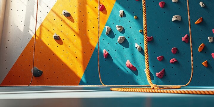 Climbing rope and a vibrant wall with holds in a gym, area for text. - Powered by Adobe