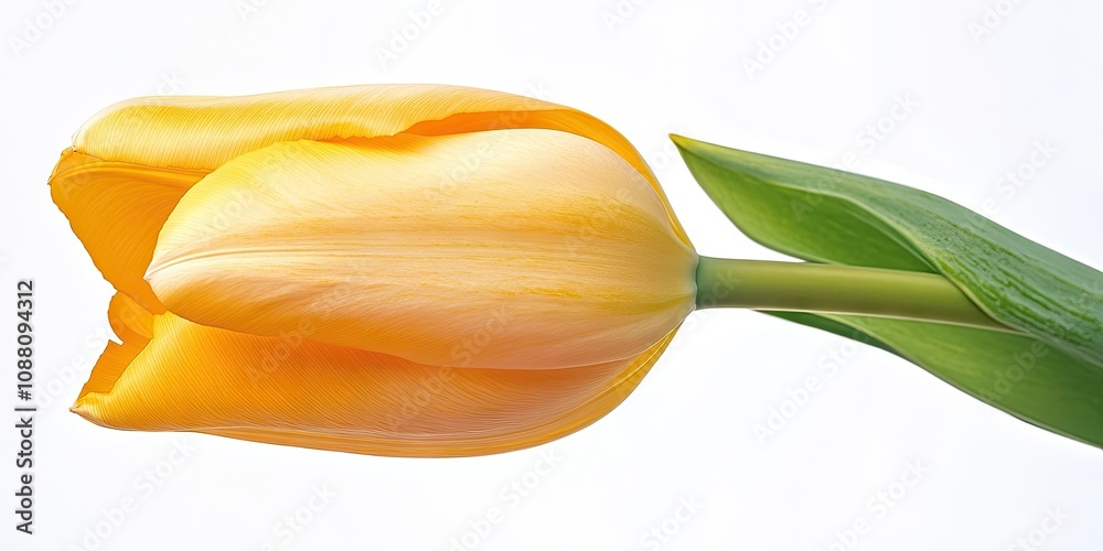 Poster close-up of an isolated yellow tulip on a white background in a studio.