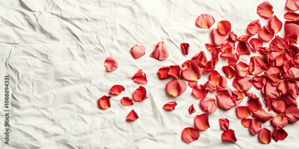 Poster Beautiful romantic rose petals scattered on a white sheet create a simple yet striking and colorful backdrop for adding copy.