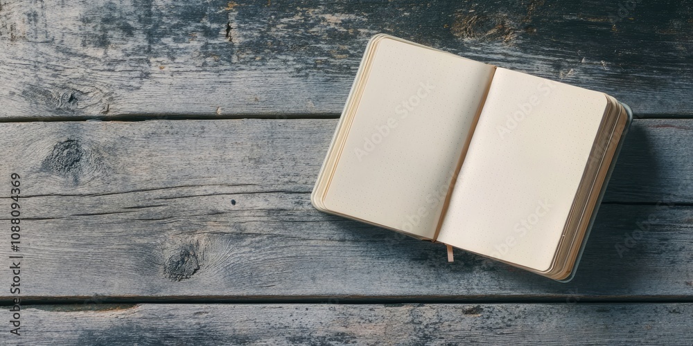 Poster opened notebook with stationery on a gray wooden surface.