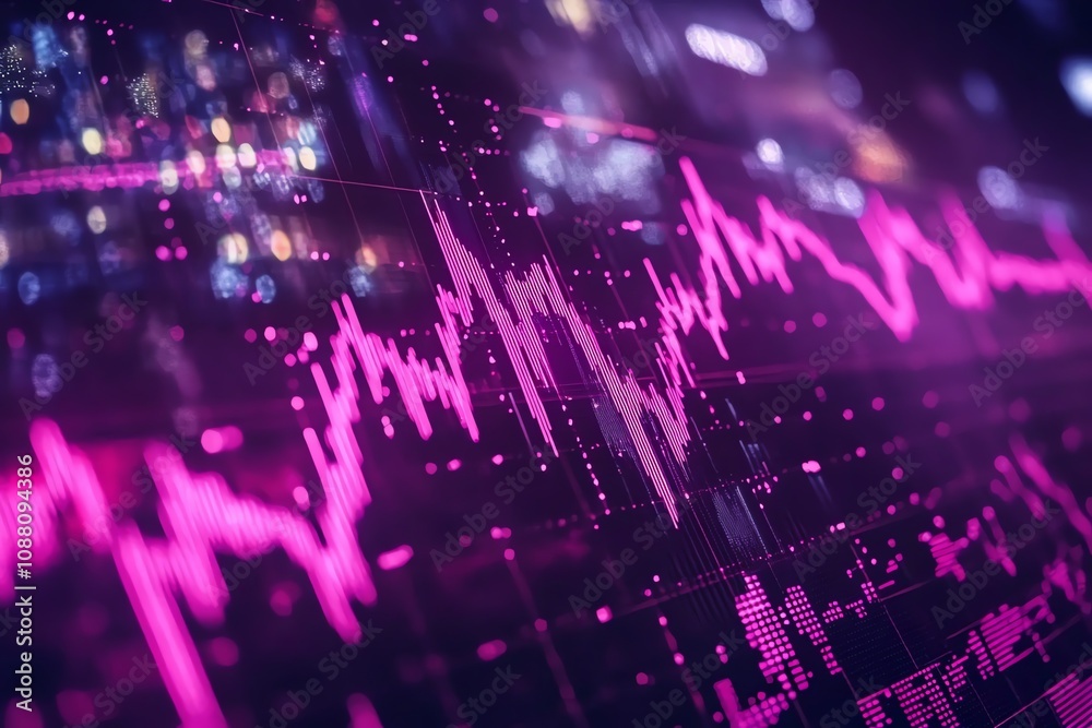 Poster Abstract pink graph on digital screen, showing data fluctuations.