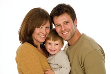 Fototapeta premium Cheerful family portrait of a mother, father, and young child against a bright white background