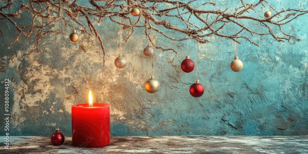 Poster a burning red candle in front of a tree branch with hanging ornaments.
