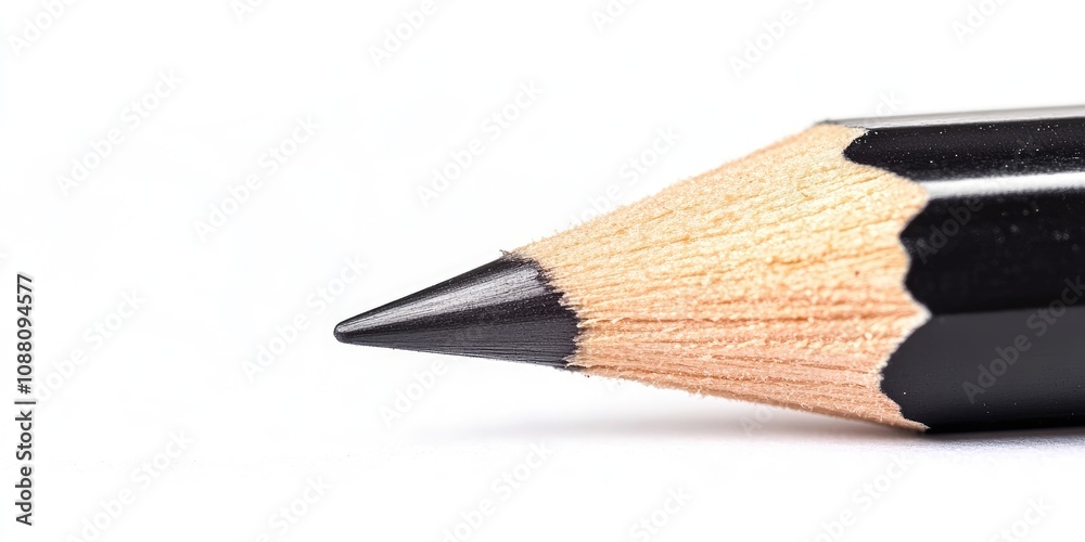 Poster sharp black pencil tip in a close-up macro shot against a white background. there is dropped copyspa