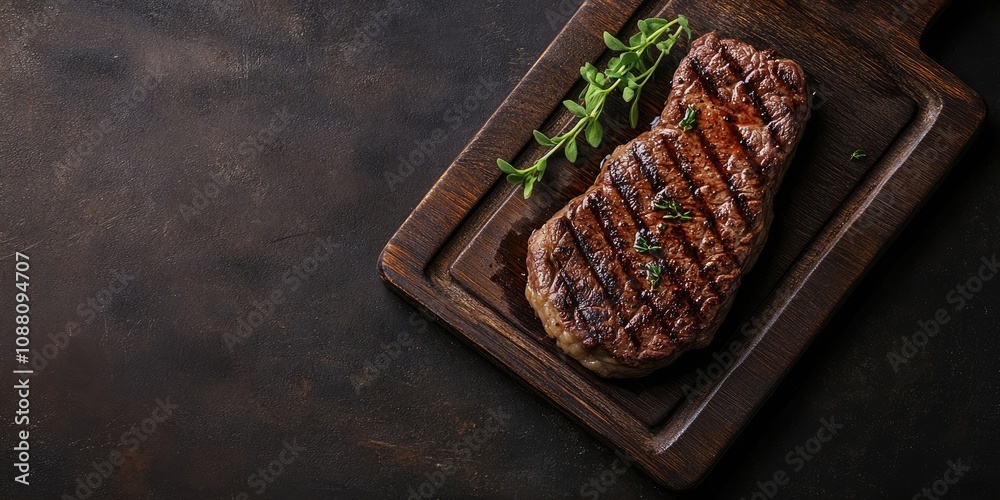 Poster grilled beef steak on a wooden platter with copy space for your text.
