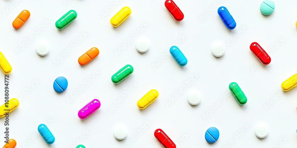 Poster color capsules. medicine pills on a white background in a top view pattern with copy space.
