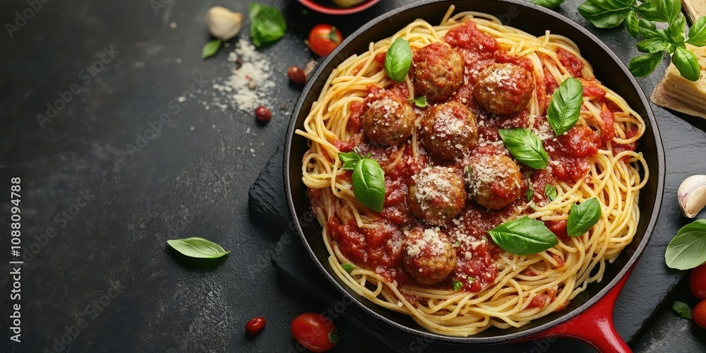 Poster spaghetti with meatballs and basil tomato sauce in a red cast iron pan, placed on a black stone tabl