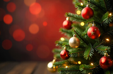 Red defocused background and a Christmas tree infront with red and golden balls. Copy space on the left side.