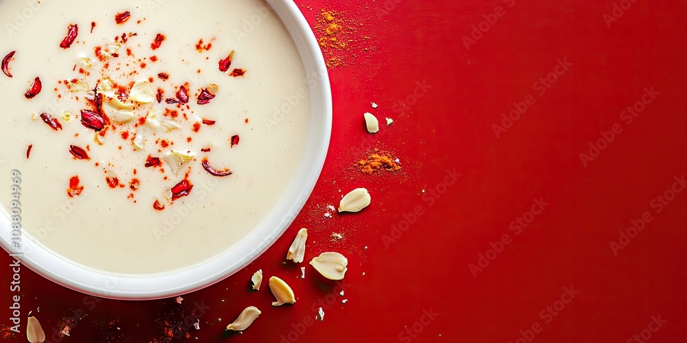 Aufkleber closeup of khoya kheer kadam or raskadam on a white plate, set against a red background with copyspa