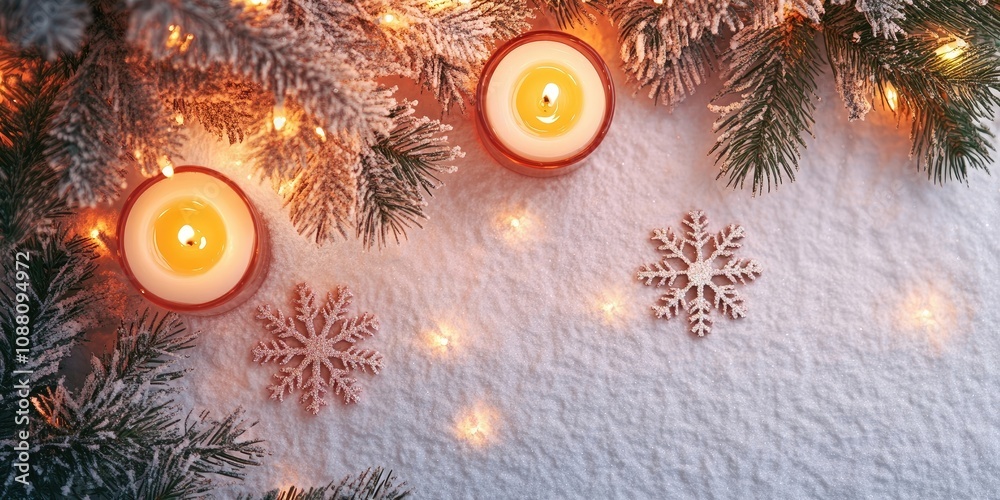 Aufkleber christmas snowflakes with candles on a light backdrop. selective focus. a space for copy. top view. 