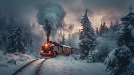 Steam train moving through snowy forest at sunset. (1)