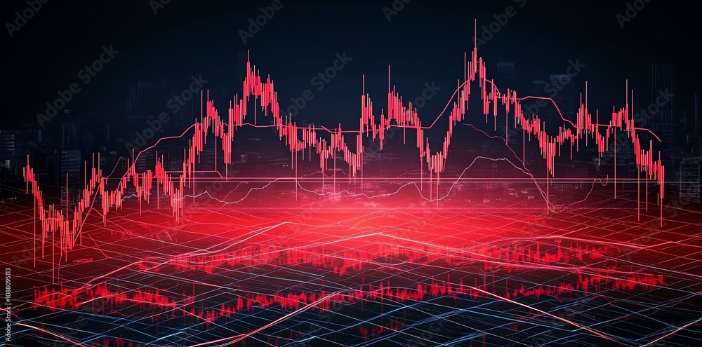 Poster abstract red stock market chart on a dark background.
