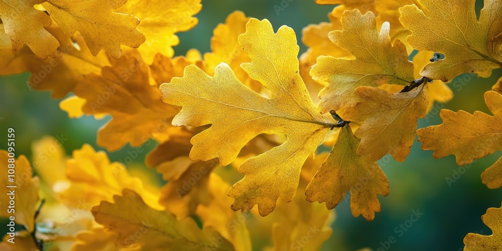 Poster closeup of beautiful yellow oak autumn leaves. background featuring an autumn landscape. abstract au