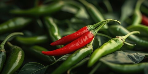 Close-up of a red chili against a background of green chilies, copy space.