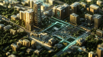 The landscape showcases a vibrant smart city with buildings seamlessly linked by an AI network, highlighting innovation and sustainability. Generative AI