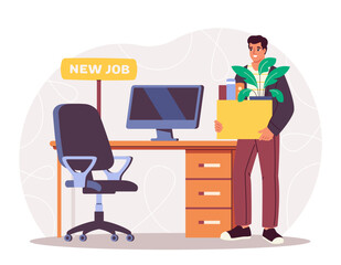 Man with new job. Young guy with box of things near empty table and chair. Manager and clerk at workplace. Welcome to work. Flat vector illustration