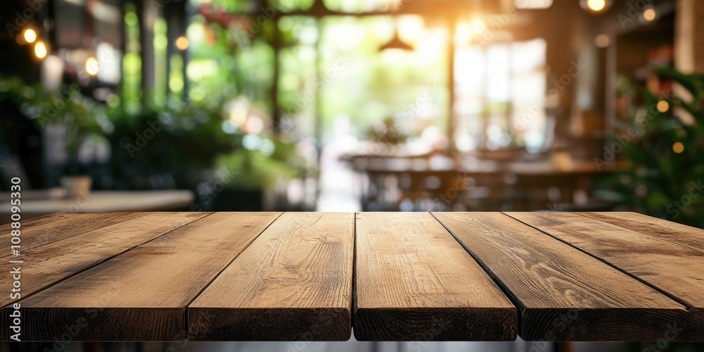 Poster selected focus on an empty brown wooden table with a blurred coffee shop background featuring bokeh,
