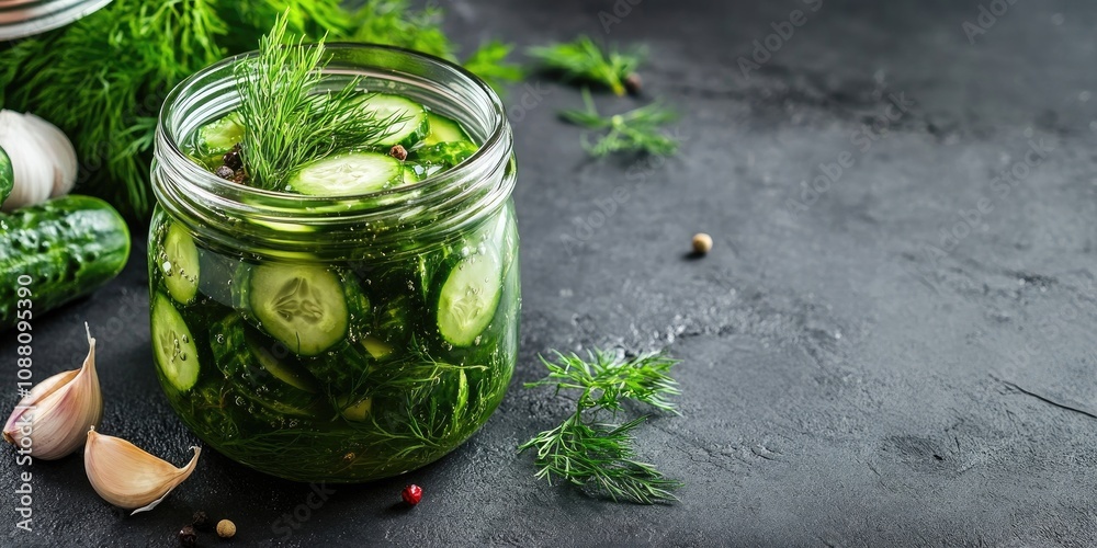 Poster pickled and fermented cucumbers in a glass jar with dill and garlic on a dark grey concrete table. a