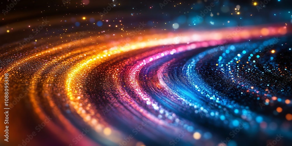 Poster abstract swirling cosmic nebula with vibrant colors and sparkling particles.