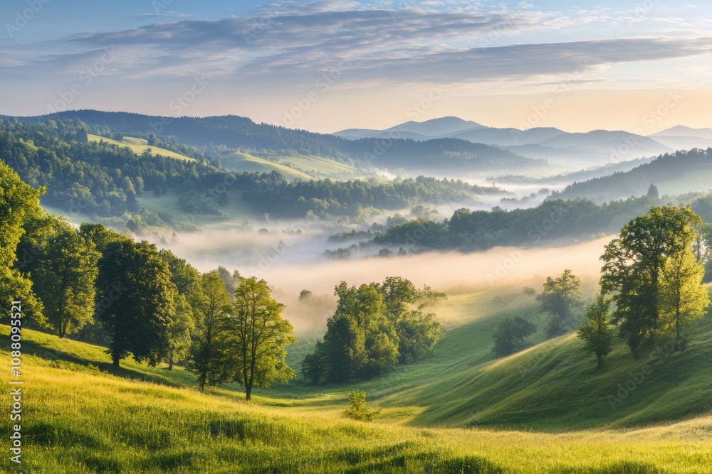 Poster a serene landscape featuring rolling green hills covered in mist and silhouetted trees as the sun ri