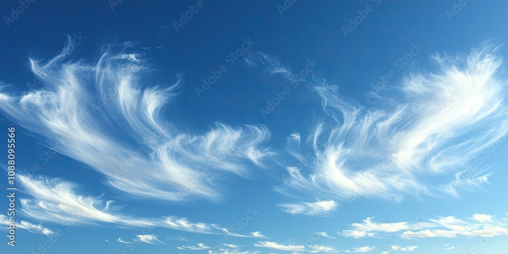 Poster blue sky with uniquely shaped white clouds on a clear day, soft white clouds.