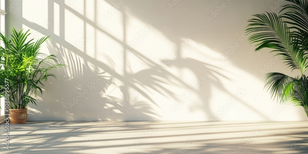 Aufkleber Blurred shadows from natural light create an overlay effect on a white wall, serving as a backdrop for product presentations and a summer theme.