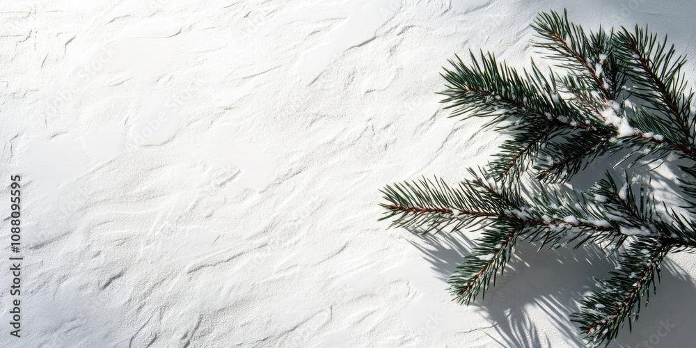 Poster shadow of a christmas tree branch on a white-gray textured surface of a wall or table. space for tex
